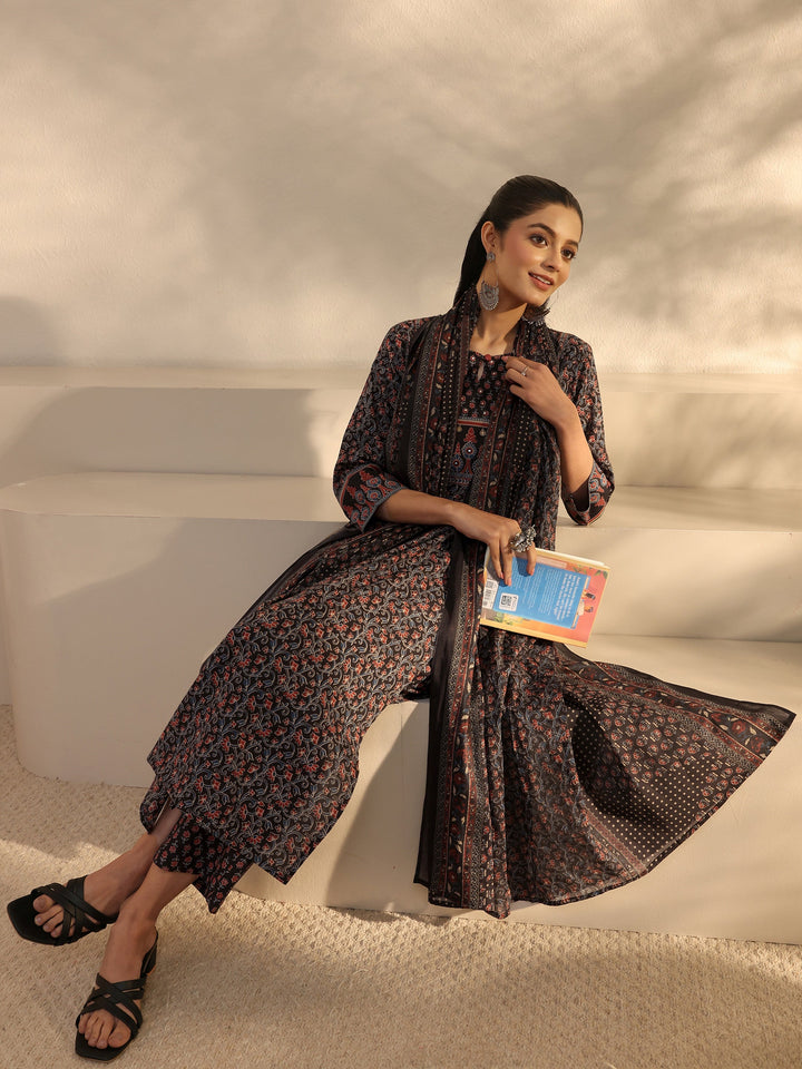 Black Floral Printed Cotton Straight Suits Set With Dupatta