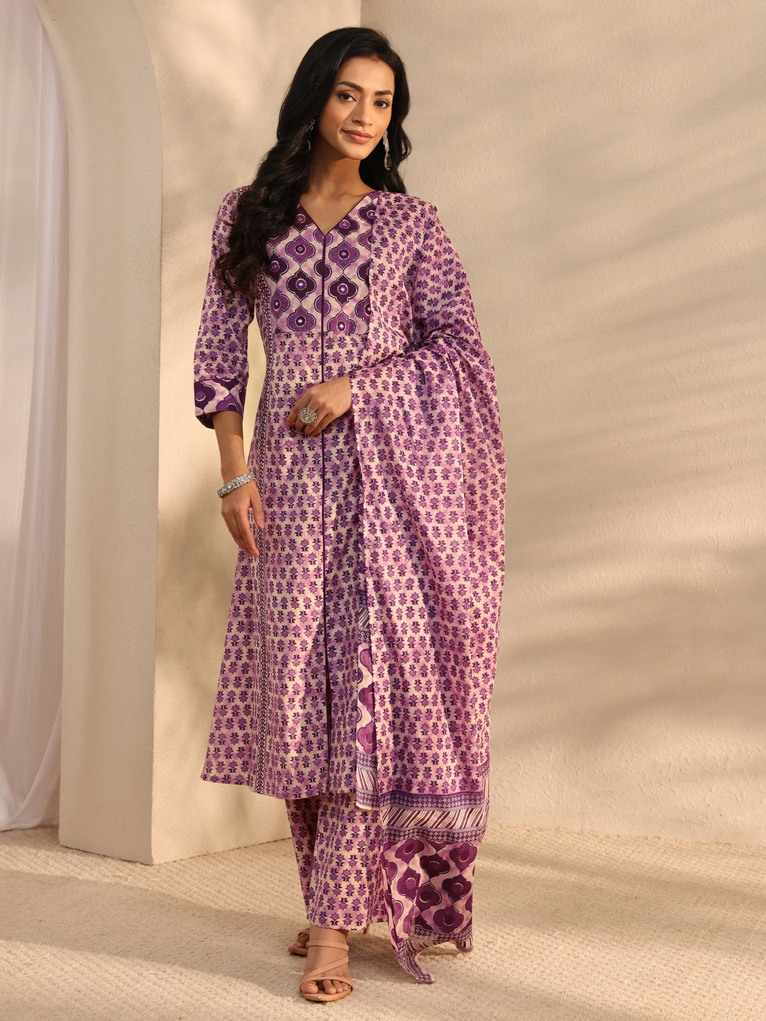 Lavender Multi Printed Cotton Straight Suit Set With Dupatta