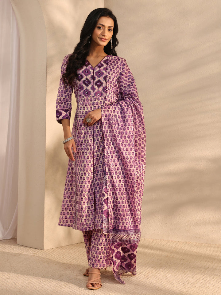 Lavender Multi Printed Cotton Straight Suit Set With Dupatta
