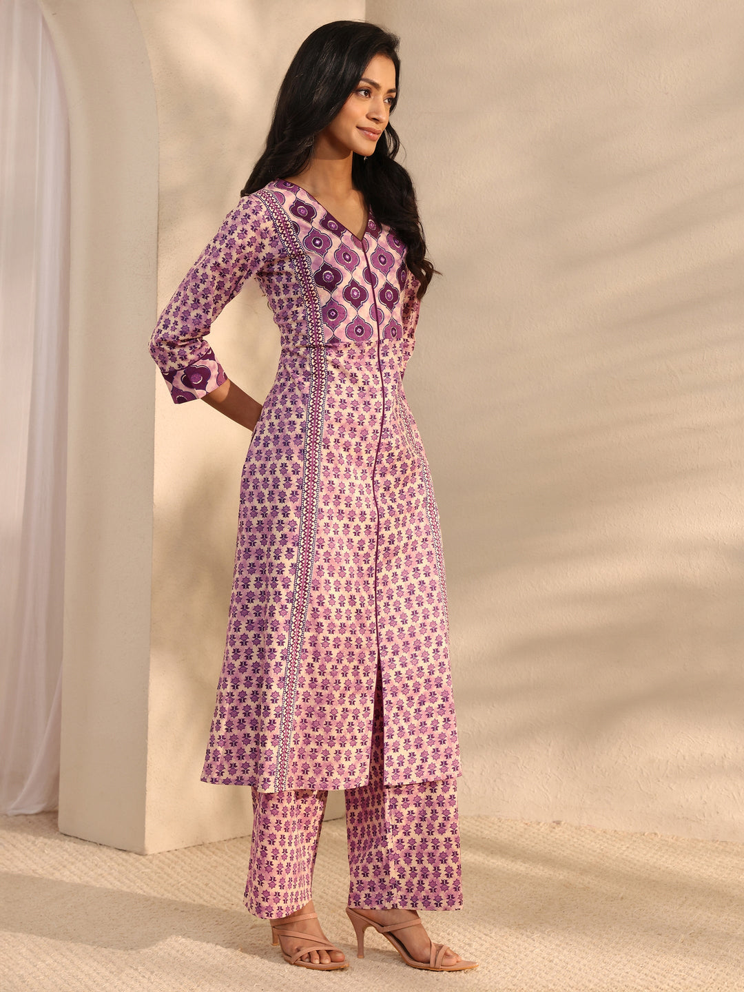 Lavender Multi Printed Cotton Straight Suit Set With Dupatta