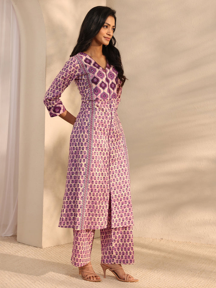 Lavender Multi Printed Cotton Straight Suit Set With Dupatta