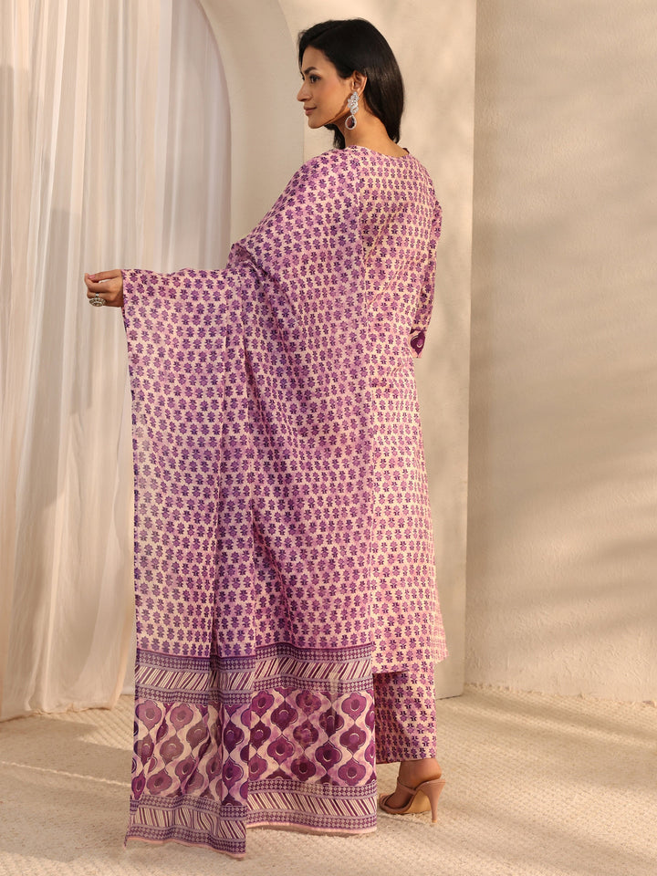Lavender Multi Printed Cotton Straight Suit Set With Dupatta