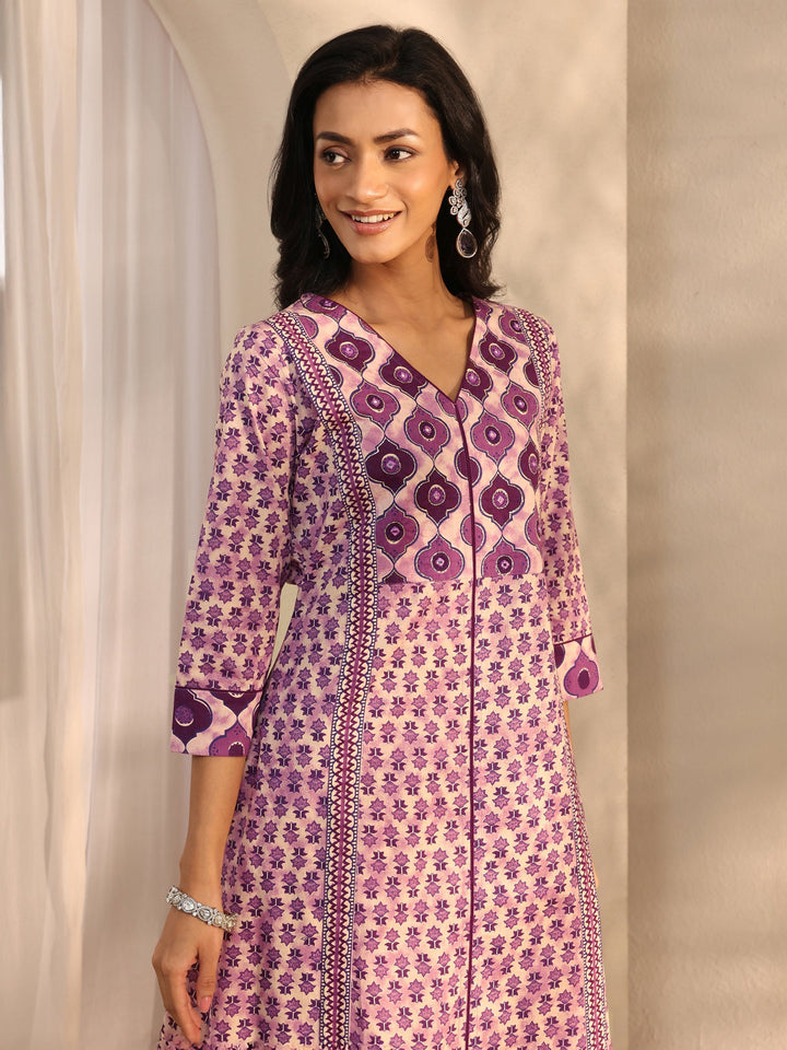 Lavender Multi Printed Cotton Straight Suit Set With Dupatta