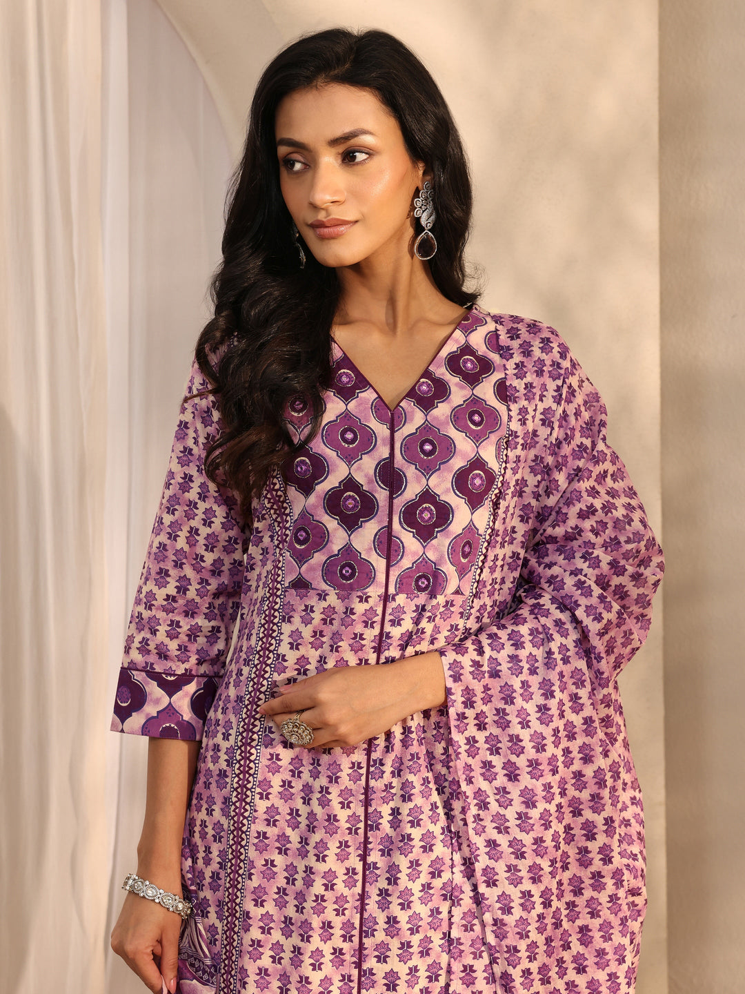 Lavender Multi Printed Cotton Straight Suit Set With Dupatta