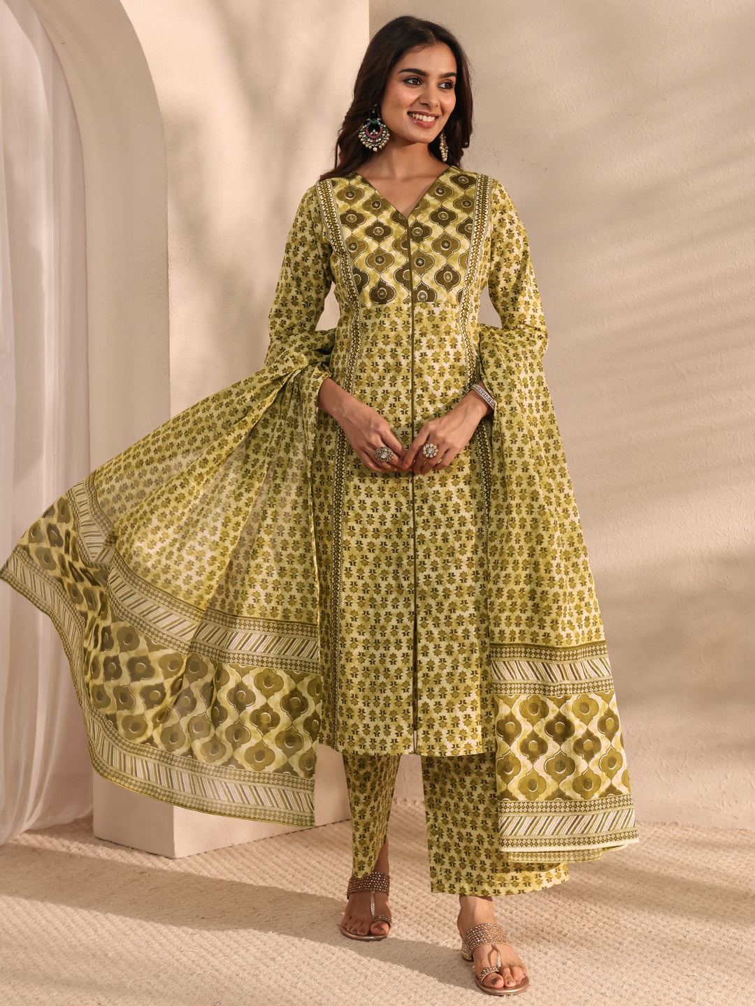 Green Multi Printed Cotton Straight Suit Set With Dupatta