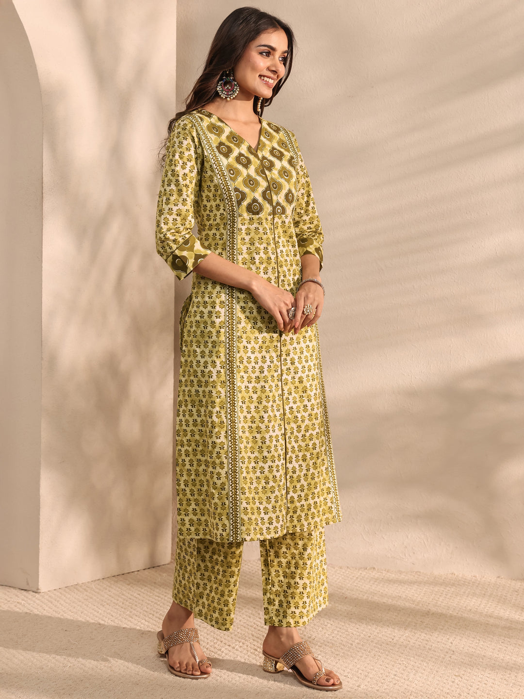 Green Multi Printed Cotton Straight Suit Set With Dupatta