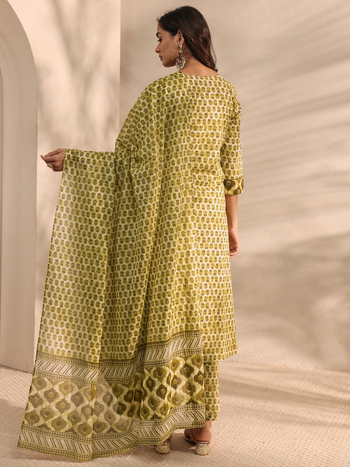 Green Multi Printed Cotton Straight Suit Set With Dupatta