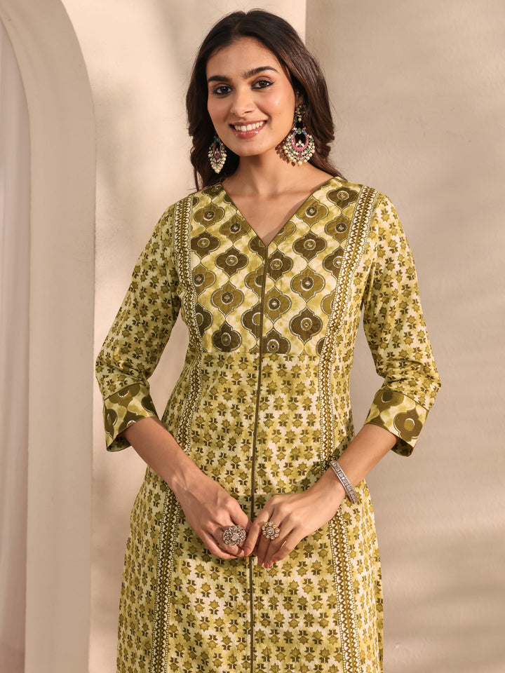 Green Multi Printed Cotton Straight Suit Set With Dupatta