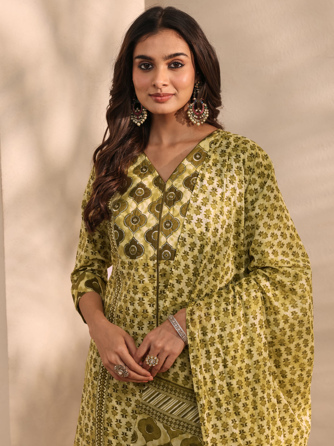 Green Multi Printed Cotton Straight Suit Set With Dupatta