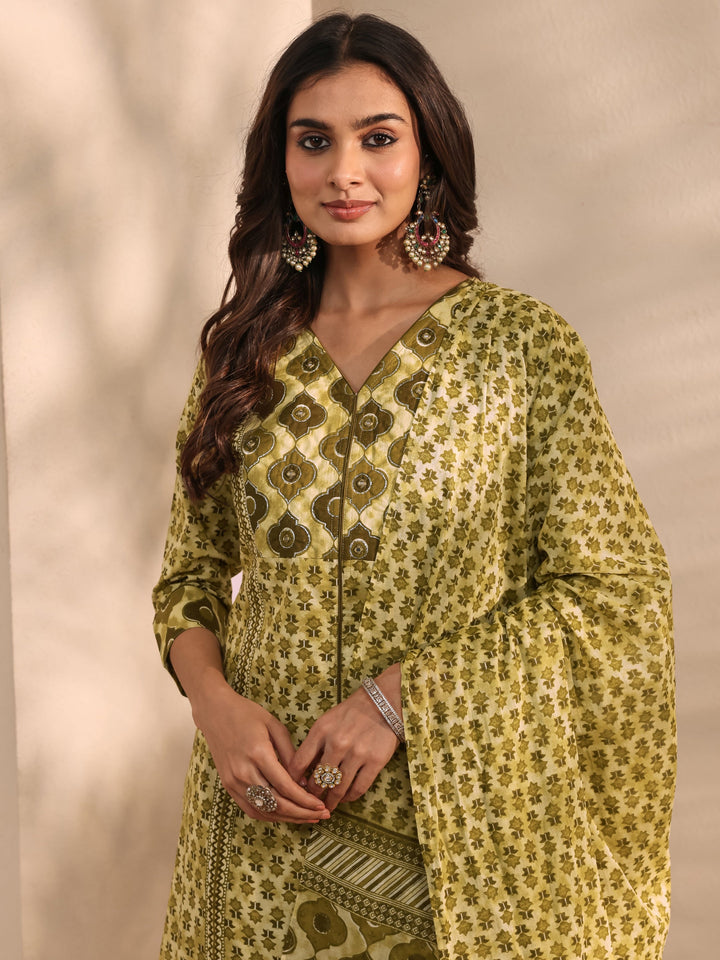 Green Multi Printed Cotton Straight Suit Set With Dupatta