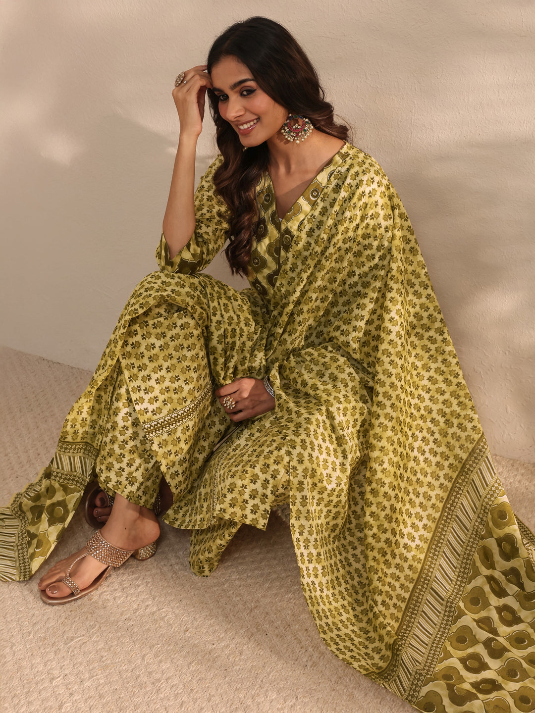 Green Multi Printed Cotton Straight Suit Set With Dupatta