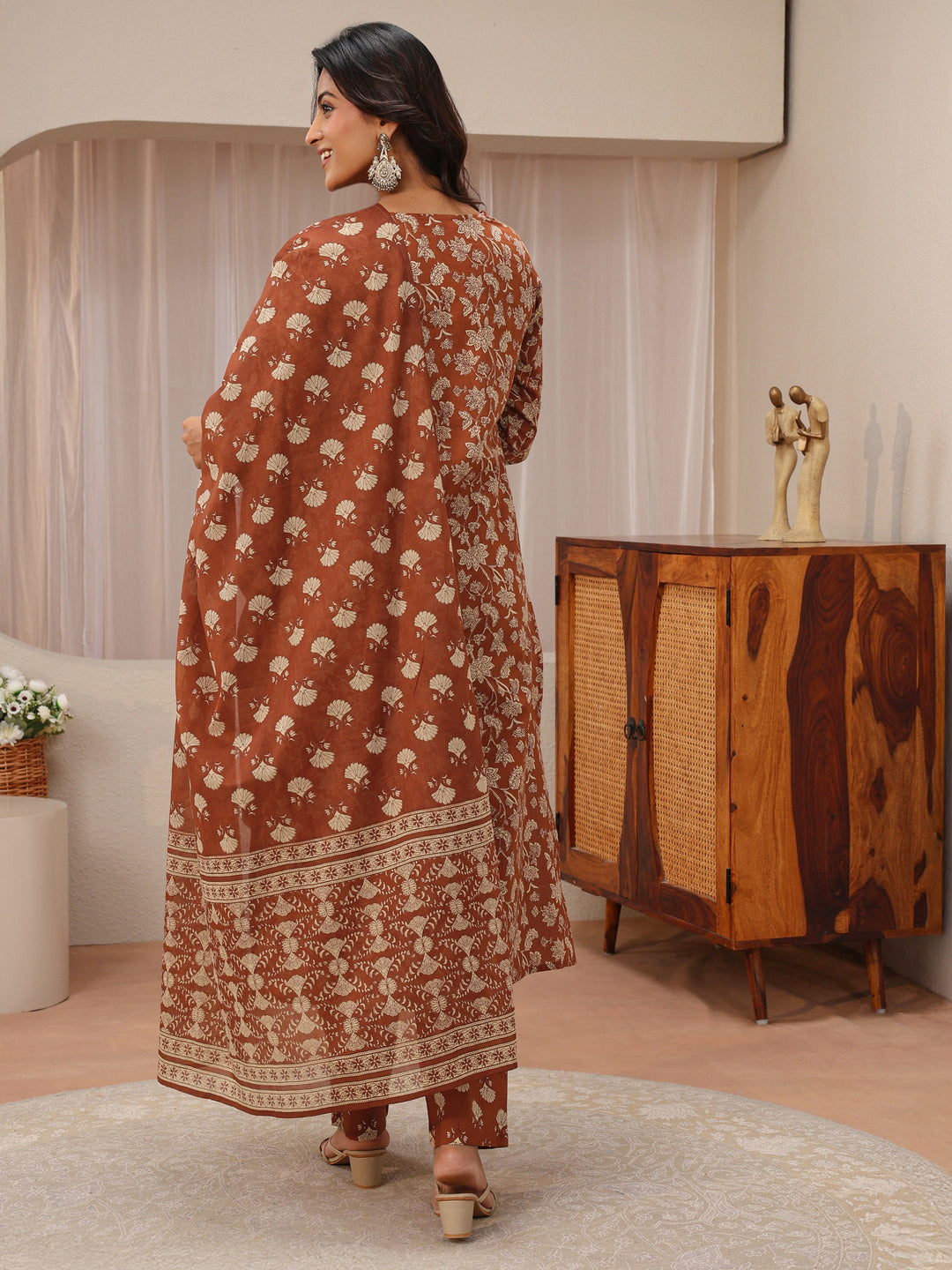 Rust Floral Printed Cotton Straight Suit Set