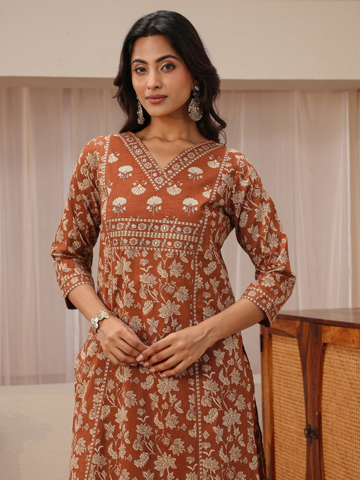 Rust Floral Printed Cotton Straight Suit Set