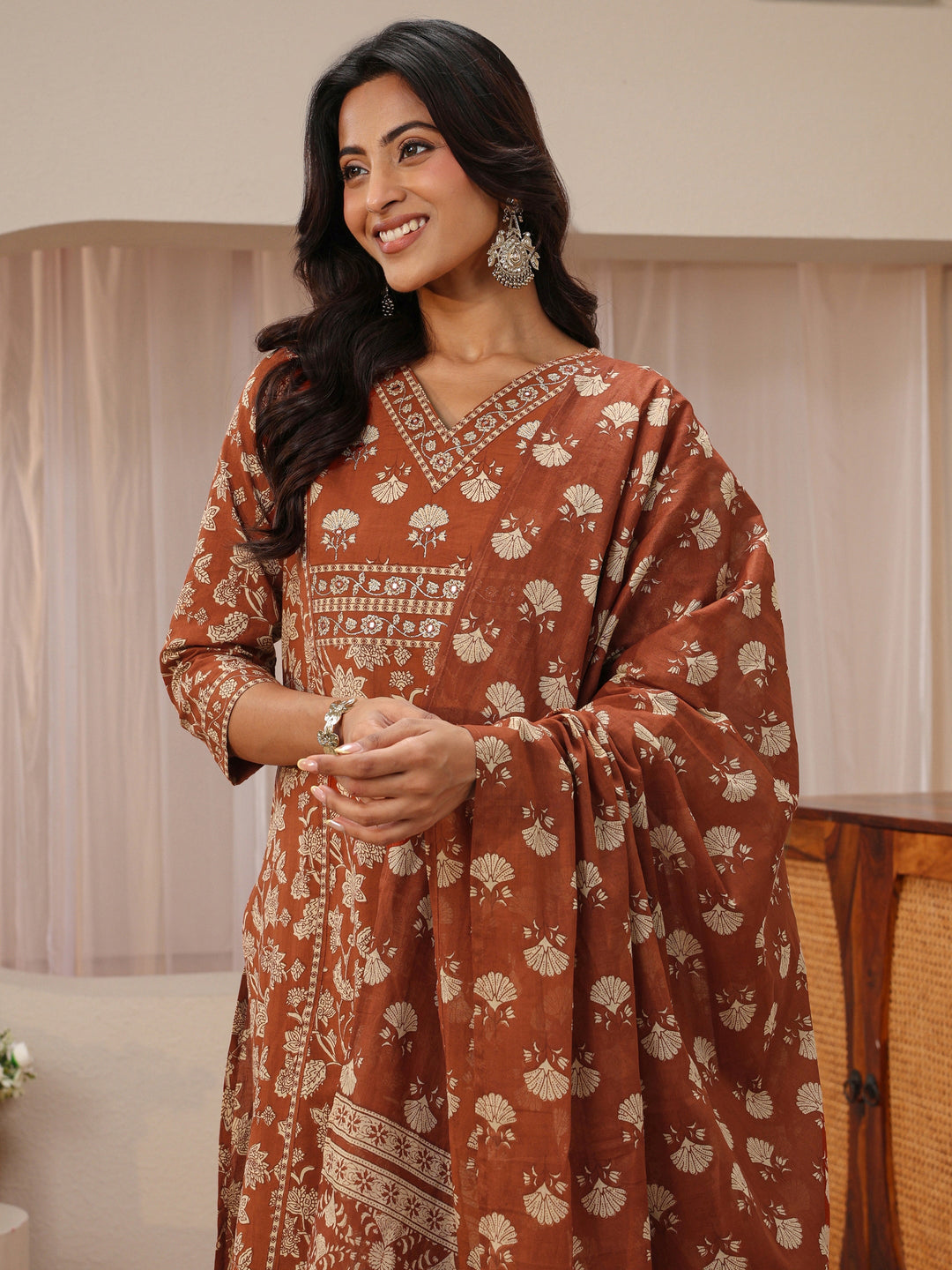 Rust Floral Printed Cotton Straight Suit Set