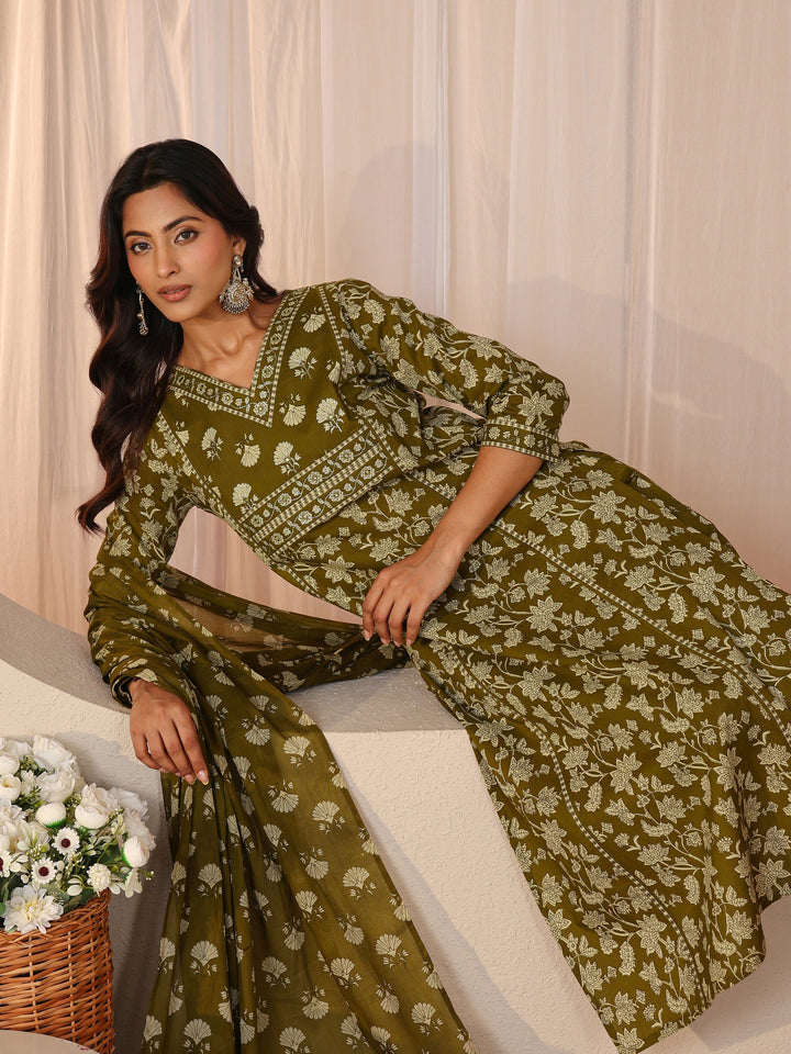 Green Floral Printed Cotton Straight Suit Set