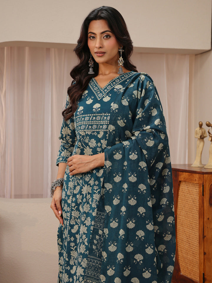 Blue Floral Printed Cotton Straight Suit Set