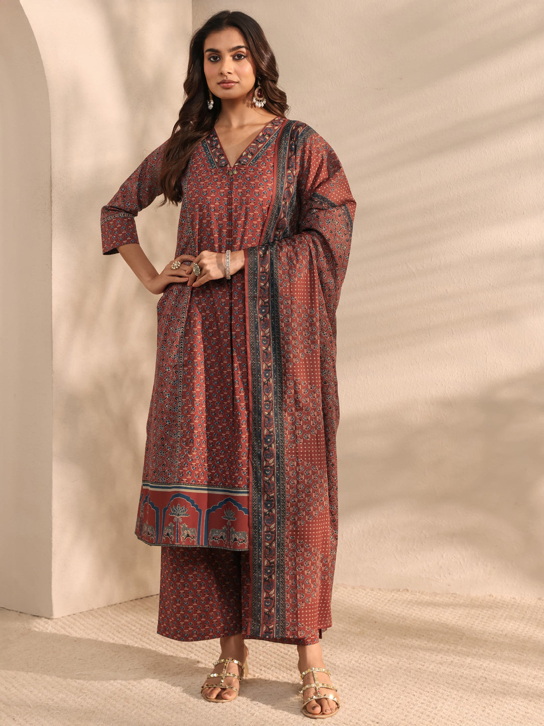 Maroon Ajrakh Printed Cotton A-Line Suit Set With Dupatta