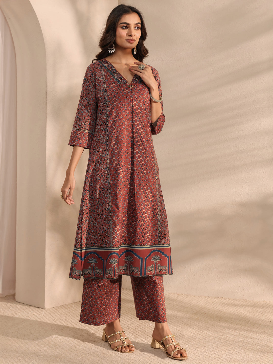 Maroon Ajrakh Printed Cotton A-Line Suit Set With Dupatta