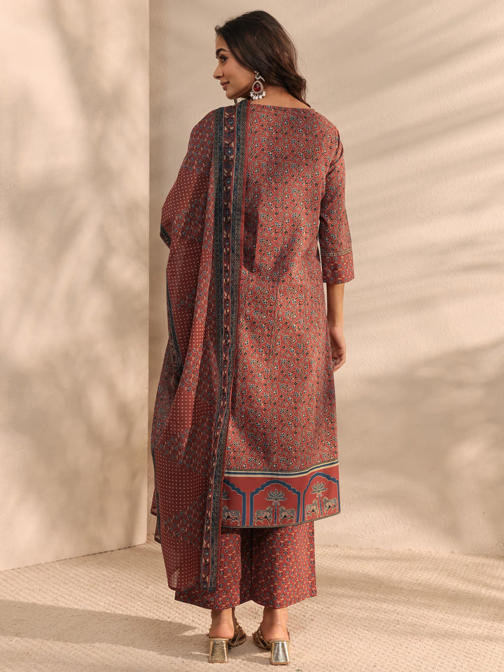 Maroon Ajrakh Printed Cotton A-Line Suit Set With Dupatta