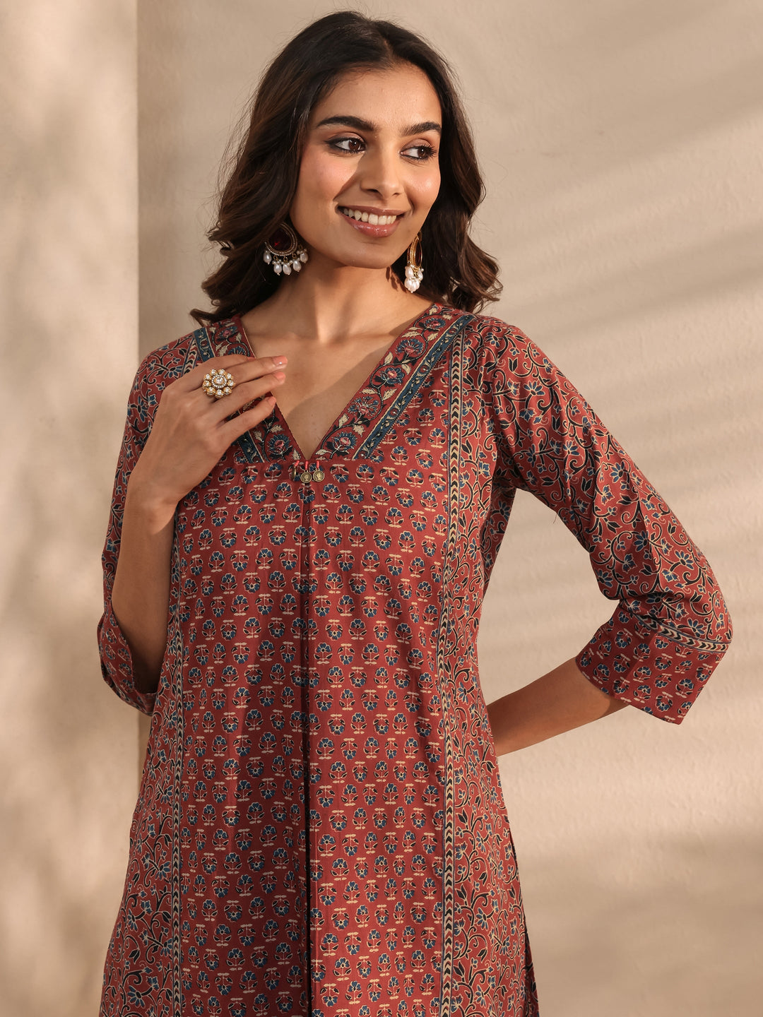 Maroon Ajrakh Printed Cotton A-Line Suit Set With Dupatta