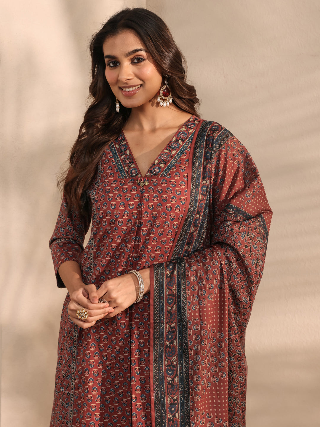 Maroon Ajrakh Printed Cotton A-Line Suit Set With Dupatta
