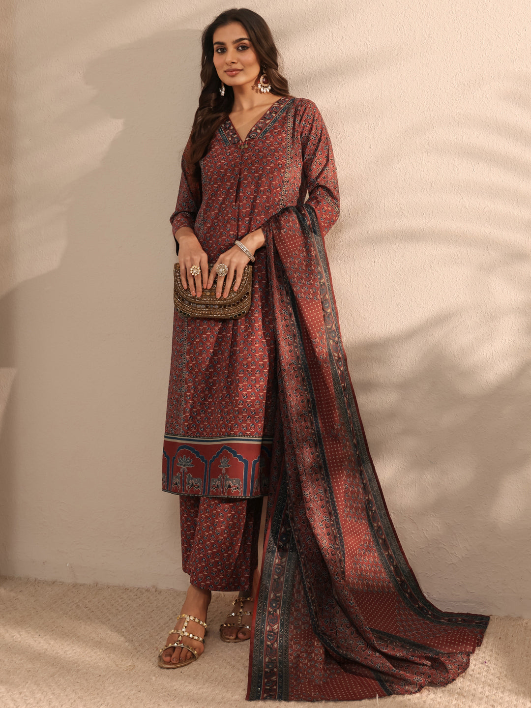 Maroon Ajrakh Printed Cotton A-Line Suit Set With Dupatta
