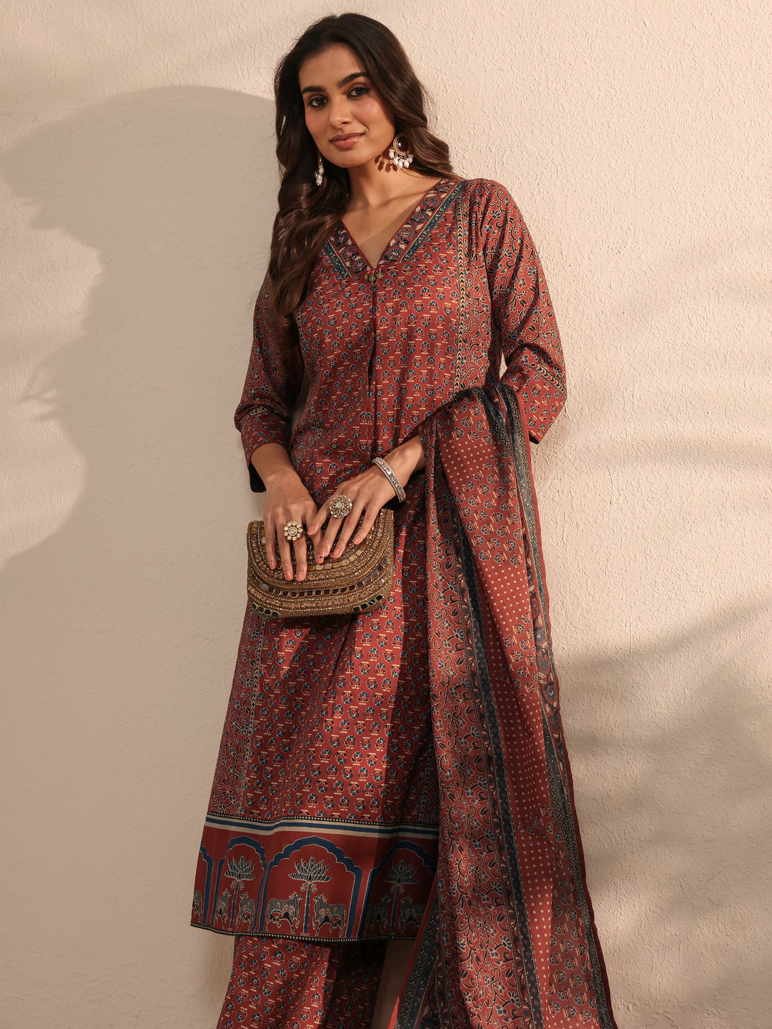 Maroon Ajrakh Printed Cotton A-Line Suit Set With Dupatta