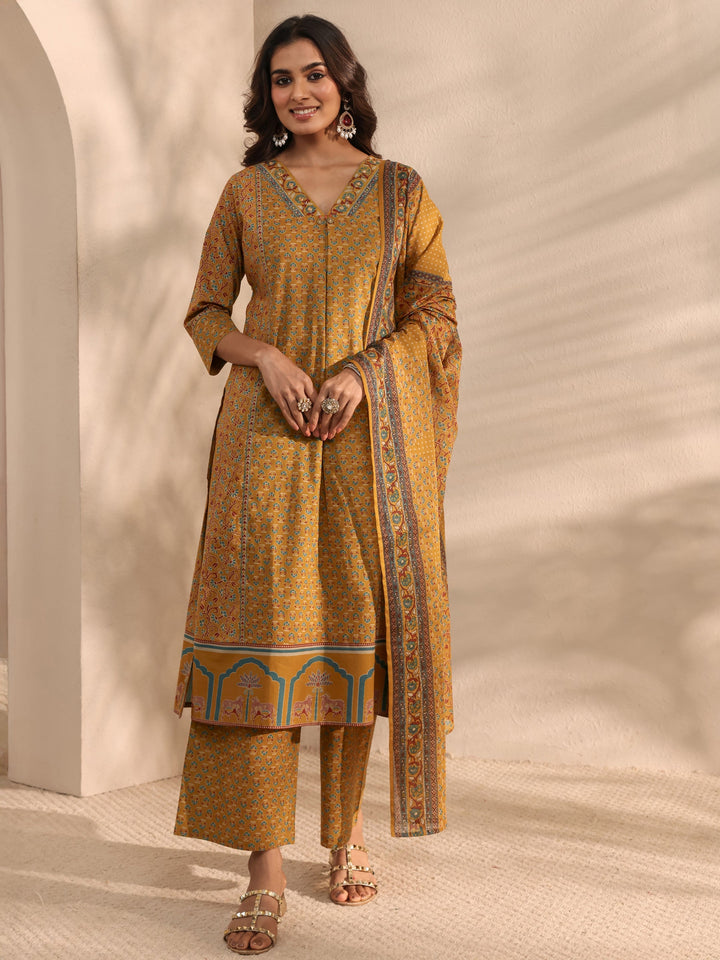 Mustard Ajrakh Printed Cotton A-Line Suit Set With Dupatta