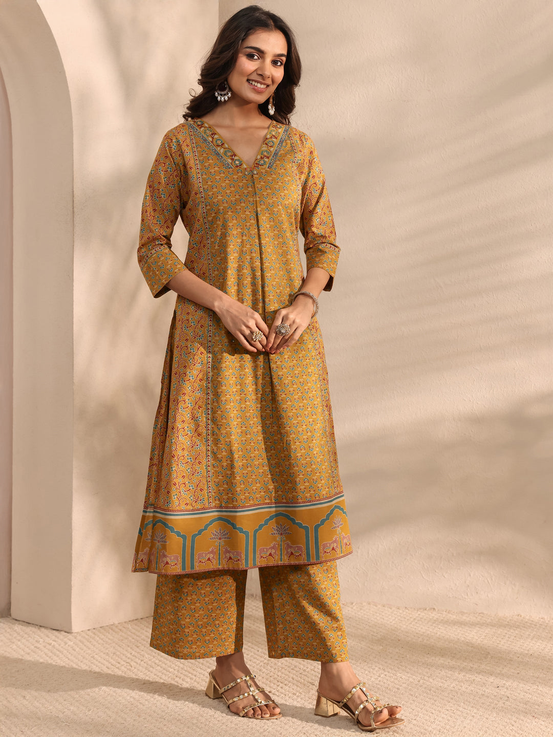 Mustard Ajrakh Printed Cotton A-Line Suit Set With Dupatta