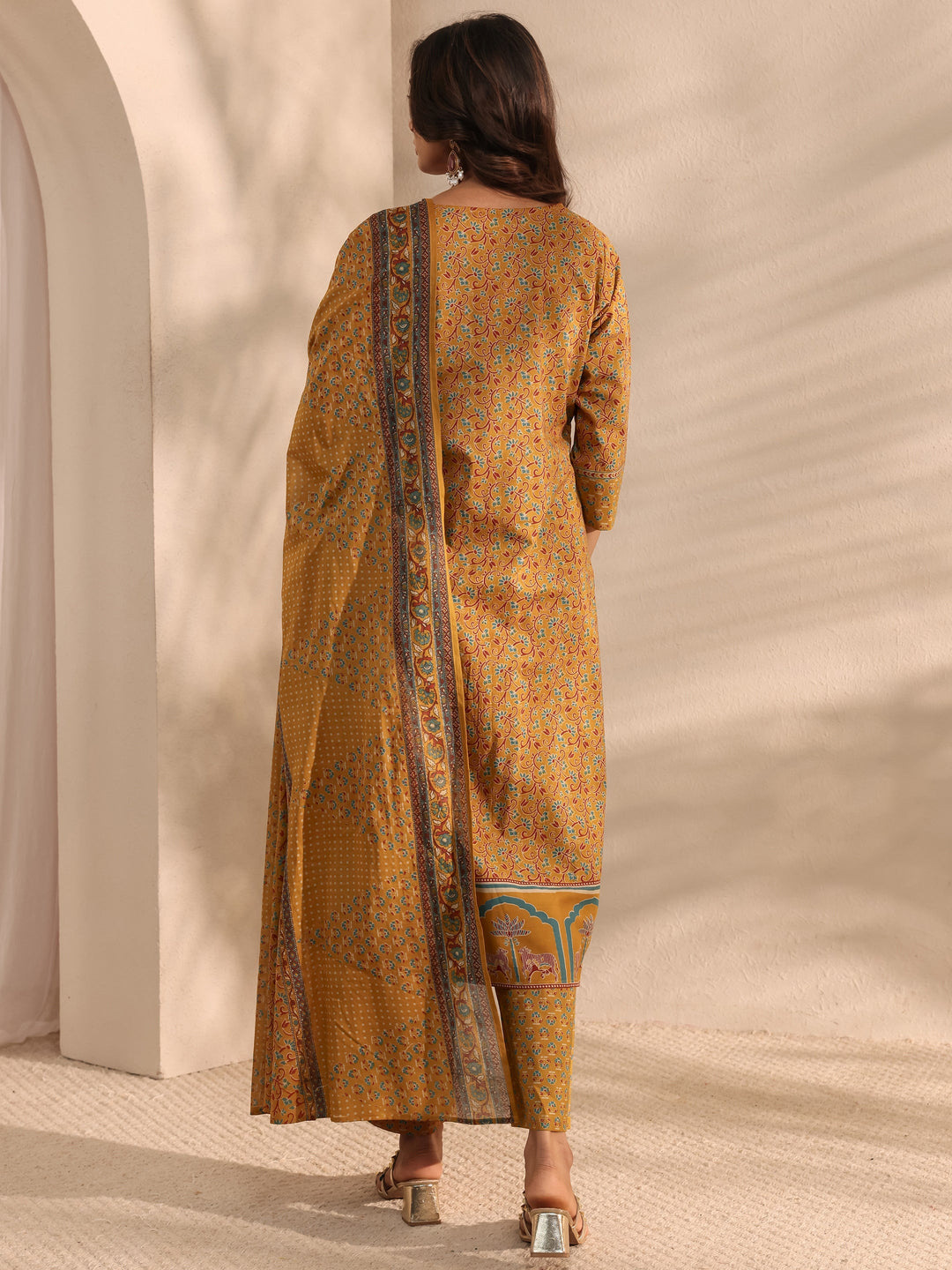 Mustard Ajrakh Printed Cotton A-Line Suit Set With Dupatta