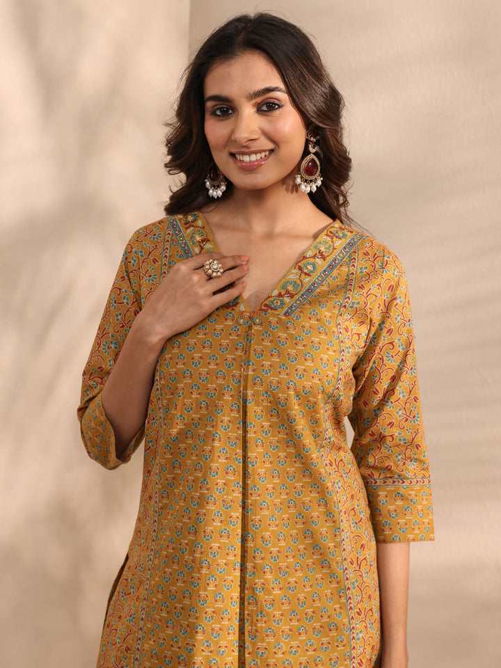 Mustard Ajrakh Printed Cotton A-Line Suit Set With Dupatta