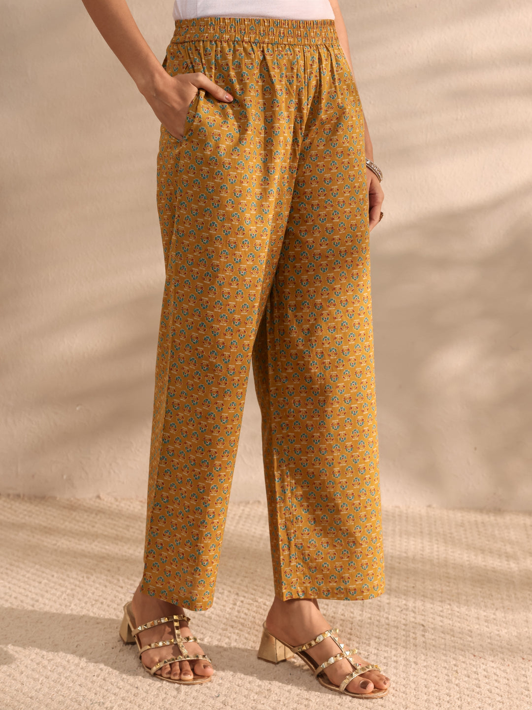 Mustard Ajrakh Printed Cotton A-Line Suit Set With Dupatta