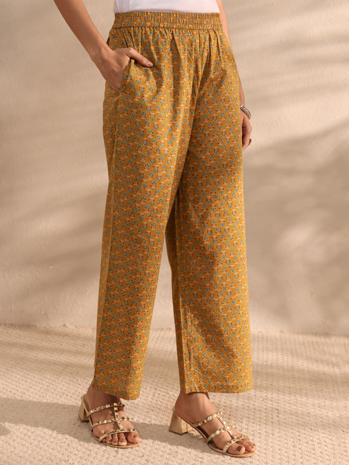 Mustard Ajrakh Printed Cotton A-Line Suit Set With Dupatta