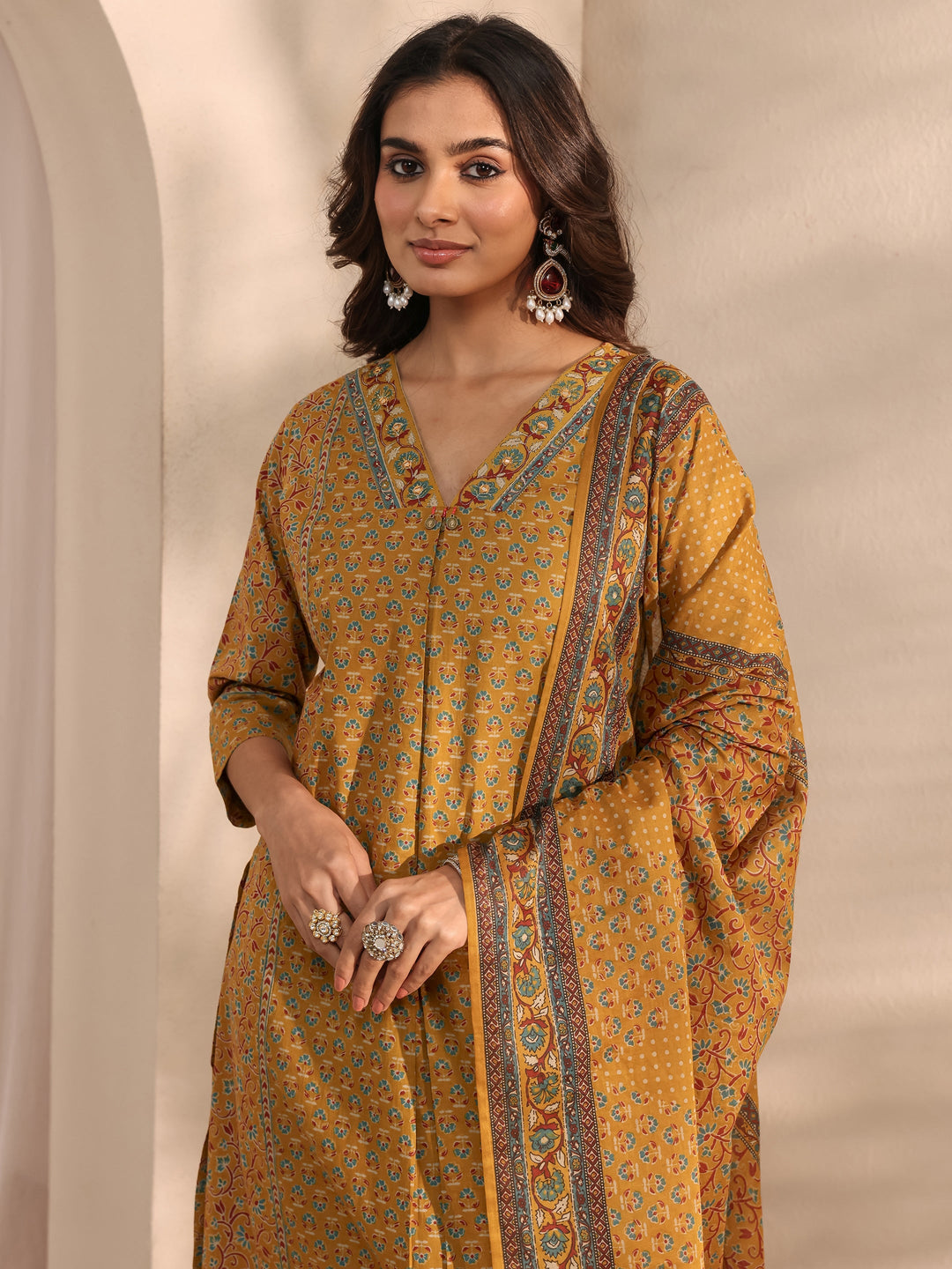 Mustard Ajrakh Printed Cotton A-Line Suit Set With Dupatta