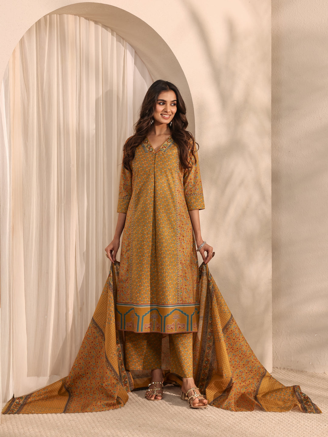Mustard Ajrakh Printed Cotton A-Line Suit Set With Dupatta
