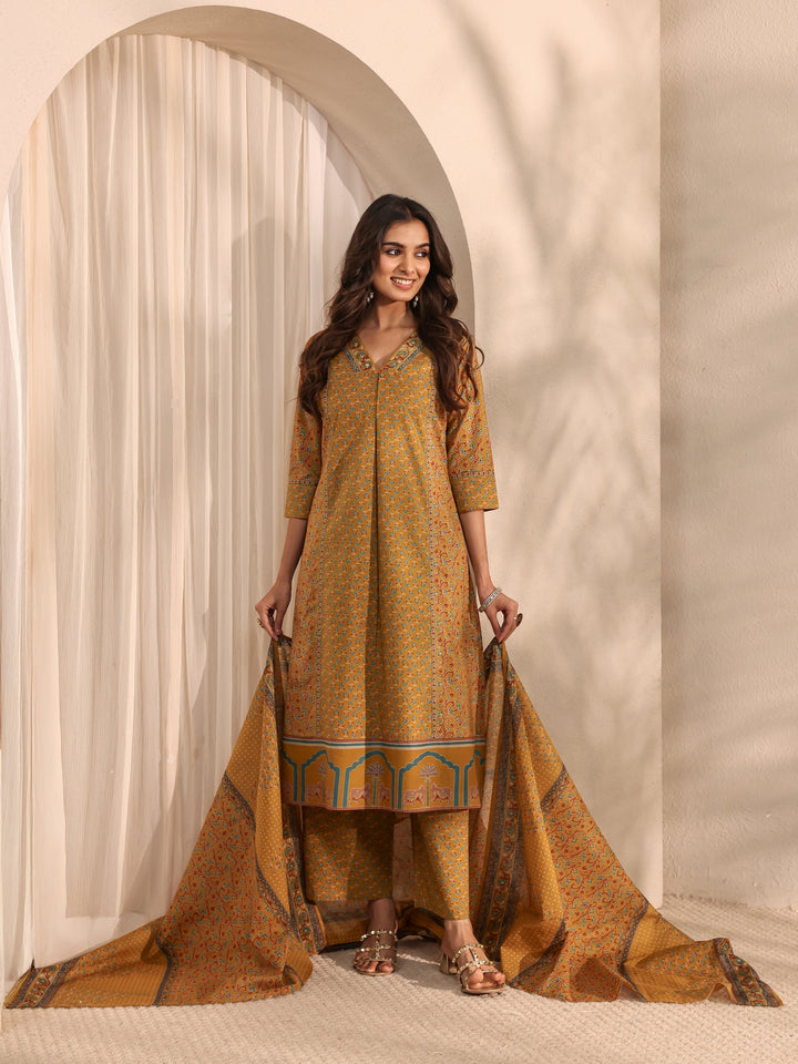 Mustard Ajrakh Printed Cotton A-Line Suit Set With Dupatta