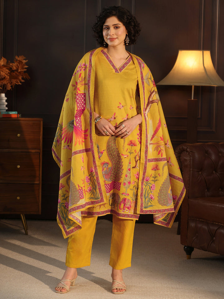 Libas Mustard Tribal Printed Cotton Straight Suit Set