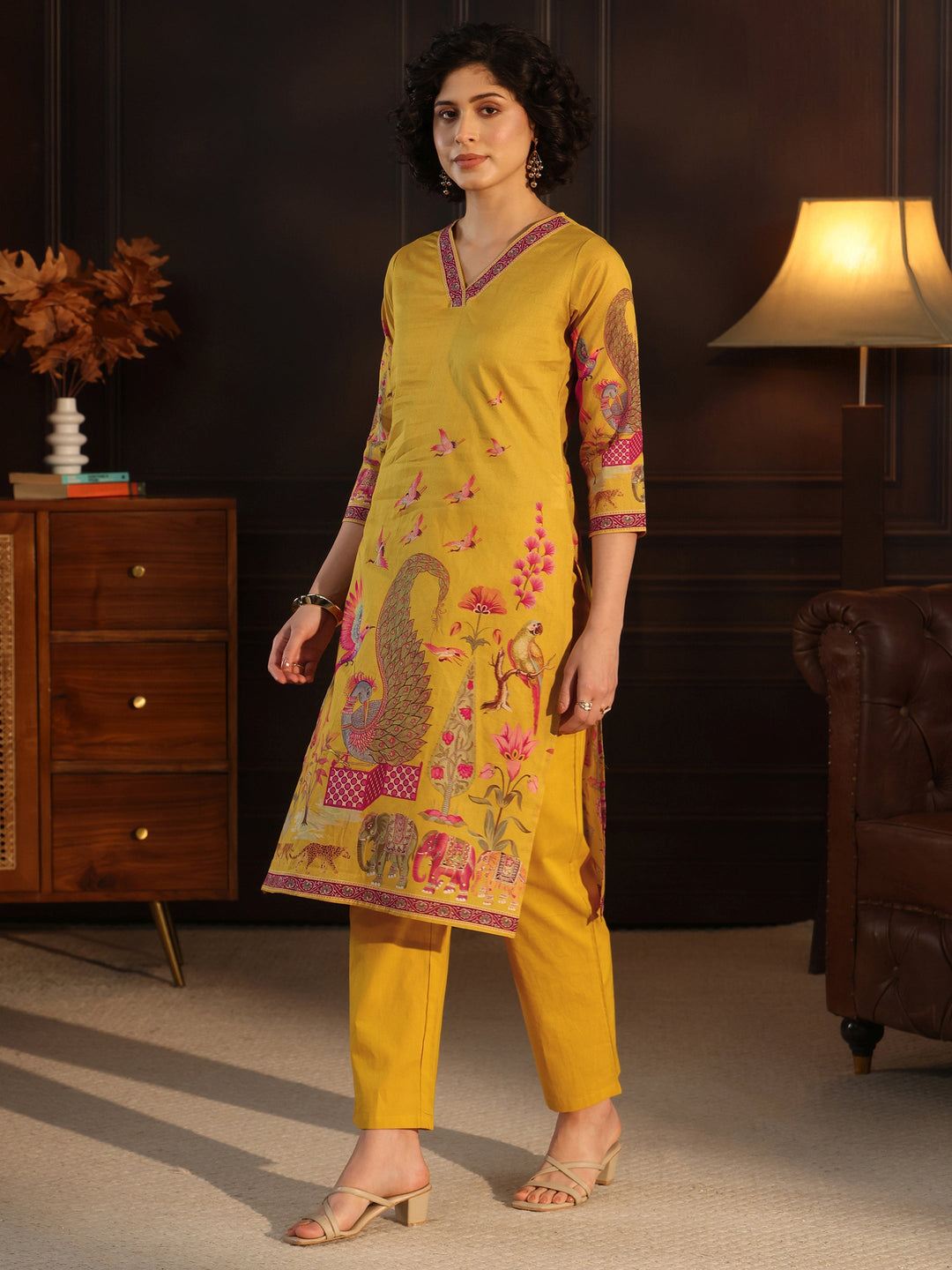Libas Mustard Tribal Printed Cotton Straight Suit Set