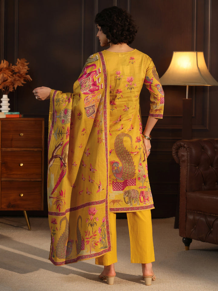 Libas Mustard Tribal Printed Cotton Straight Suit Set
