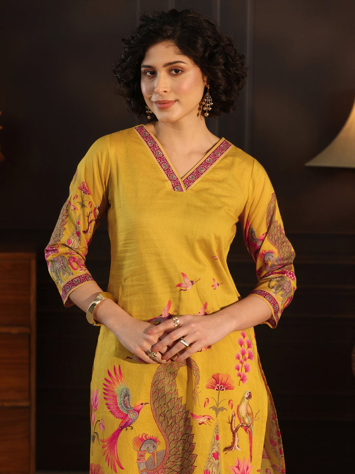 Libas Mustard Tribal Printed Cotton Straight Suit Set