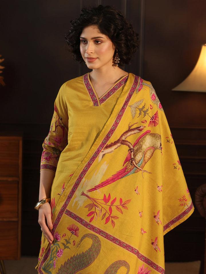 Libas Mustard Tribal Printed Cotton Straight Suit Set