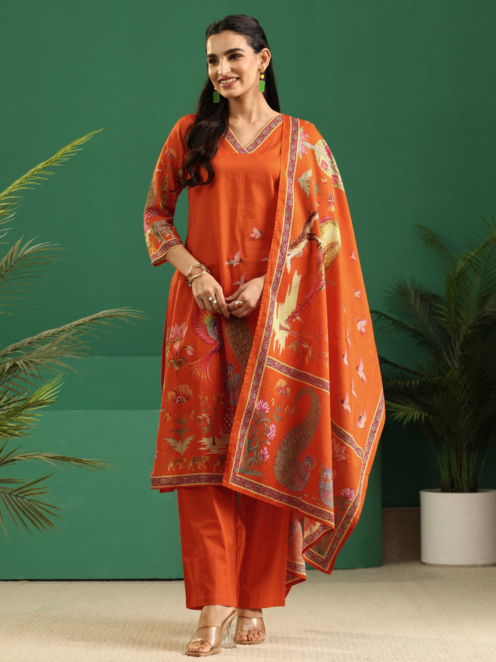 Libas Orange Heritage Print Cotton Straight Suit Set