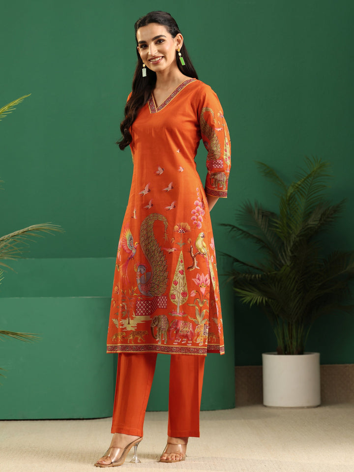 Libas Orange Heritage Print Cotton Straight Suit Set