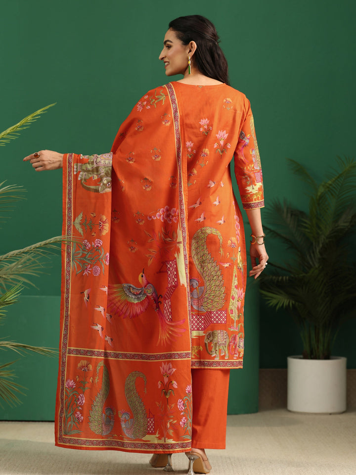 Libas Orange Heritage Print Cotton Straight Suit Set