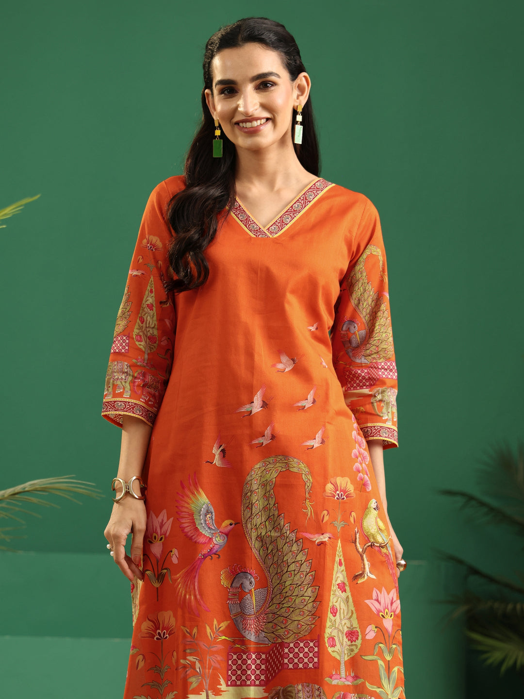 Libas Orange Heritage Print Cotton Straight Suit Set