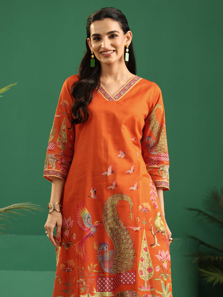 Libas Orange Heritage Print Cotton Straight Suit Set