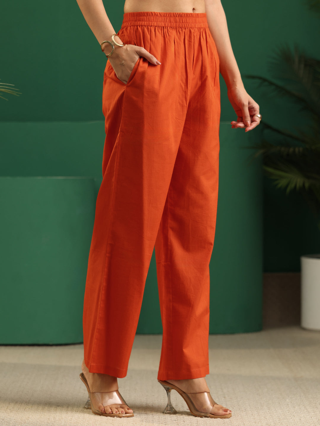 Libas Orange Heritage Print Cotton Straight Suit Set
