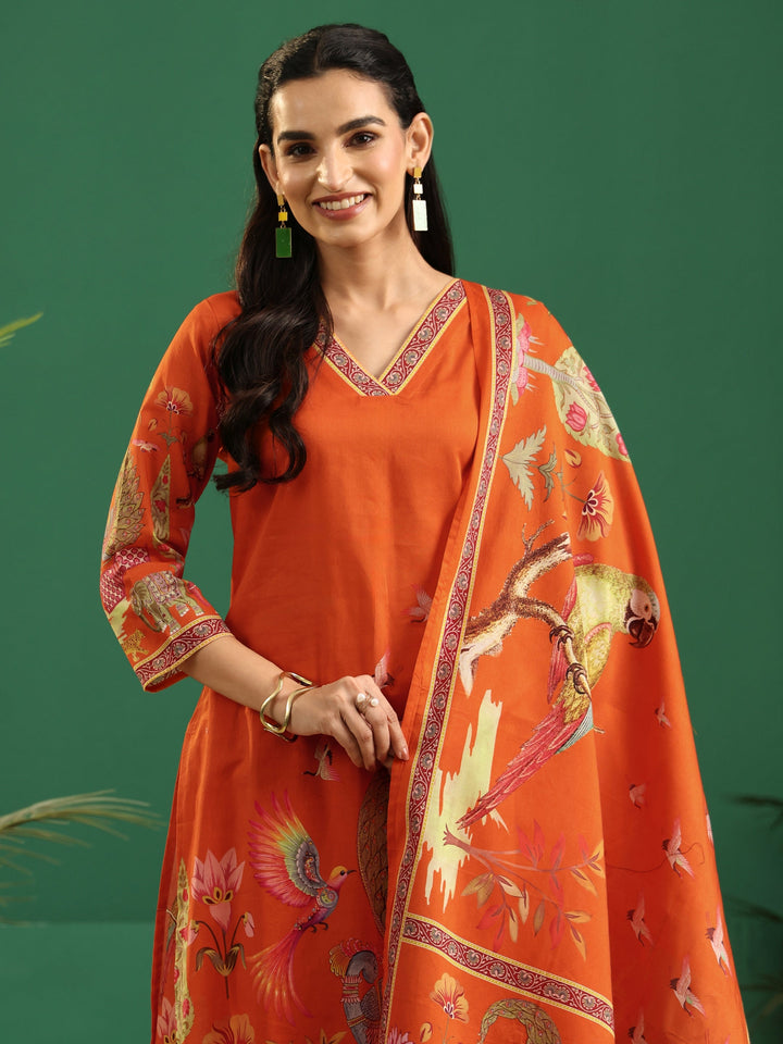 Libas Orange Heritage Print Cotton Straight Suit Set