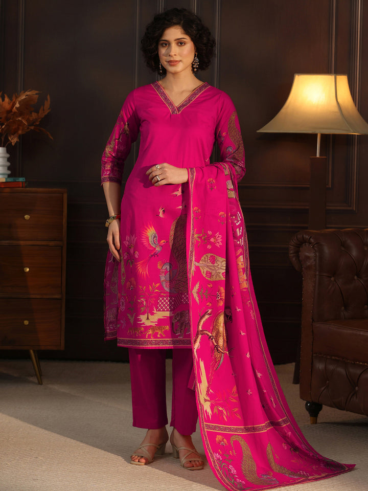 Libas Magenta Pink Tribal Printed Cotton Straight Suit Set