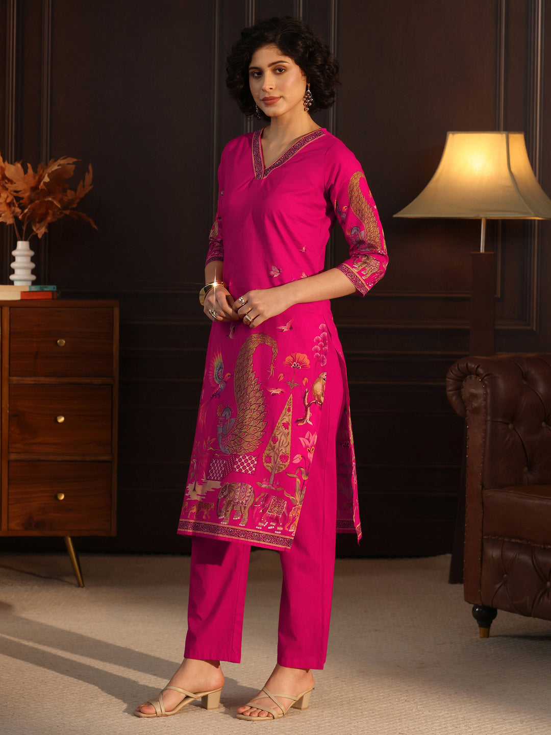 Libas Magenta Pink Tribal Printed Cotton Straight Suit Set